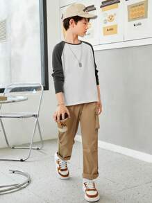 SHEIN Little Byeori Tween Boy Casual Gray Raglan Long Sleeve Knitted T-Shirt, Autumn/Winter Basic Tee