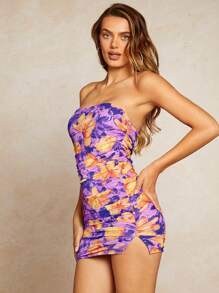 SHEIN BAE Vestido ajustado tubo con estampado floral fruncido - Morado - Ver 5