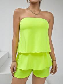SHEIN Privé 素色抹胸連體短褲 - 青檸色 - 查看 1