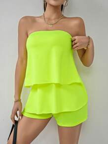 SHEIN Privé 素色抹胸連體短褲 - 青檸色 - 查看 4