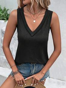 SHEIN LUNE 素色V領背心上衣 - 黑色 - 查看 6