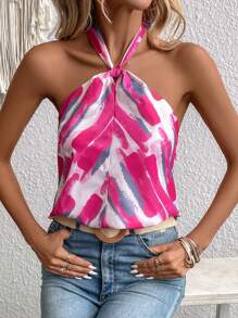 SHEIN Privé 圖案印花後綁帶掛脖上衣 - 玫紅色 - 查看 5