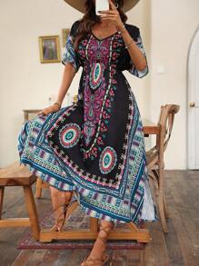 SHEIN VCAY 佩斯利印花蝙蝠袖洋裝 - 彩色 - 查看 3