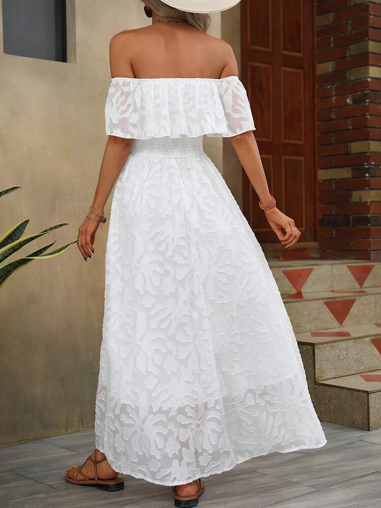 Breezaya Off Shoulder Ruffle Trim Split Thigh Dress Maxi Vacation Beach Outfits Women - White - View 2