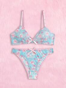 ROMWE Kawaii 卡通圖案內衣套裝 - 藍色 - 查看 1