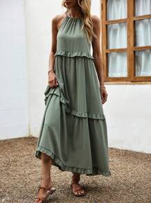 SHEIN VCAY Solid Frill Trim Halter Neck Ruffle Hem Dress - Mint Green - View 3
