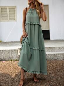 SHEIN VCAY Solid Frill Trim Halter Neck Ruffle Hem Dress - Mint Green - View 4