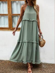 SHEIN VCAY Solid Frill Trim Halter Neck Ruffle Hem Dress - Mint Green - View 5