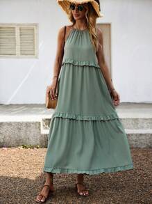 SHEIN VCAY Solid Frill Trim Halter Neck Ruffle Hem Dress - Mint Green - View 6