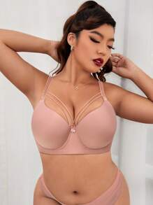 Plus Size Dusty Pink Fabric Bra With Medium Stretch And Rhinestone Detail Casual Style Daily Wear Bra - Dusty Pink - View 4