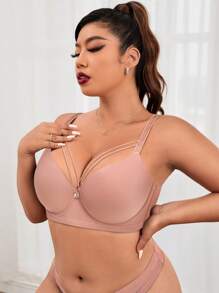 Plus Size Dusty Pink Fabric Bra With Medium Stretch And Rhinestone Detail Casual Style Daily Wear Bra - Dusty Pink - View 5