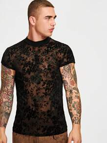 FeverCity Men Floral Print Sheer Flocking Tee - Black - View 3
