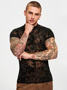 FeverCity Men Floral Print Sheer Flocking Tee - Black - View 5