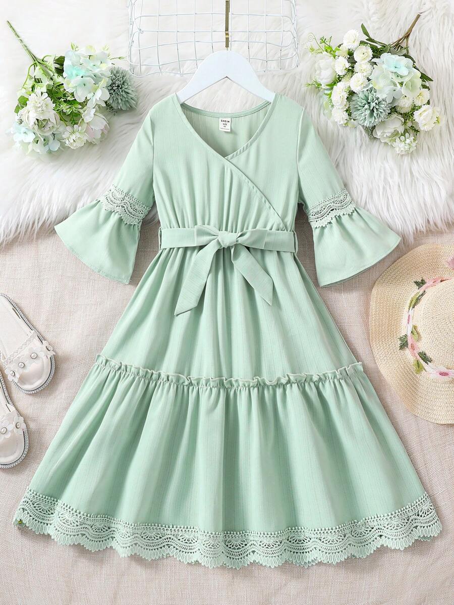 SHEIN 小女童水溶蕾絲拼接荷葉袖荷葉邊繫腰帶連衣裙 - 綠色 - 查看 1
