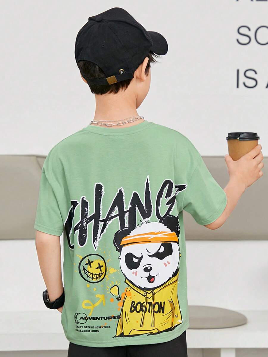 SHEIN 男童撞色寬鬆卡通字母印花後背圓領短袖T恤休閒運動,春夏 - 薄荷綠 - 查看 1