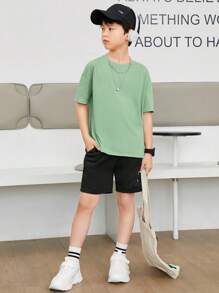 SHEIN 男童撞色寬鬆卡通字母印花後背圓領短袖T恤休閒運動,春夏 - 薄荷綠 - 查看 2