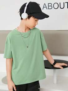 SHEIN 男童撞色寬鬆卡通字母印花後背圓領短袖T恤休閒運動,春夏 - 薄荷綠 - 查看 3