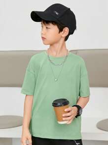 SHEIN 男童撞色寬鬆卡通字母印花後背圓領短袖T恤休閒運動,春夏 - 薄荷綠 - 查看 5