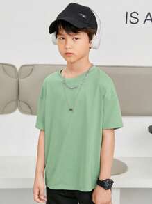 SHEIN 男童撞色寬鬆卡通字母印花後背圓領短袖T恤休閒運動,春夏 - 薄荷綠 - 查看 6