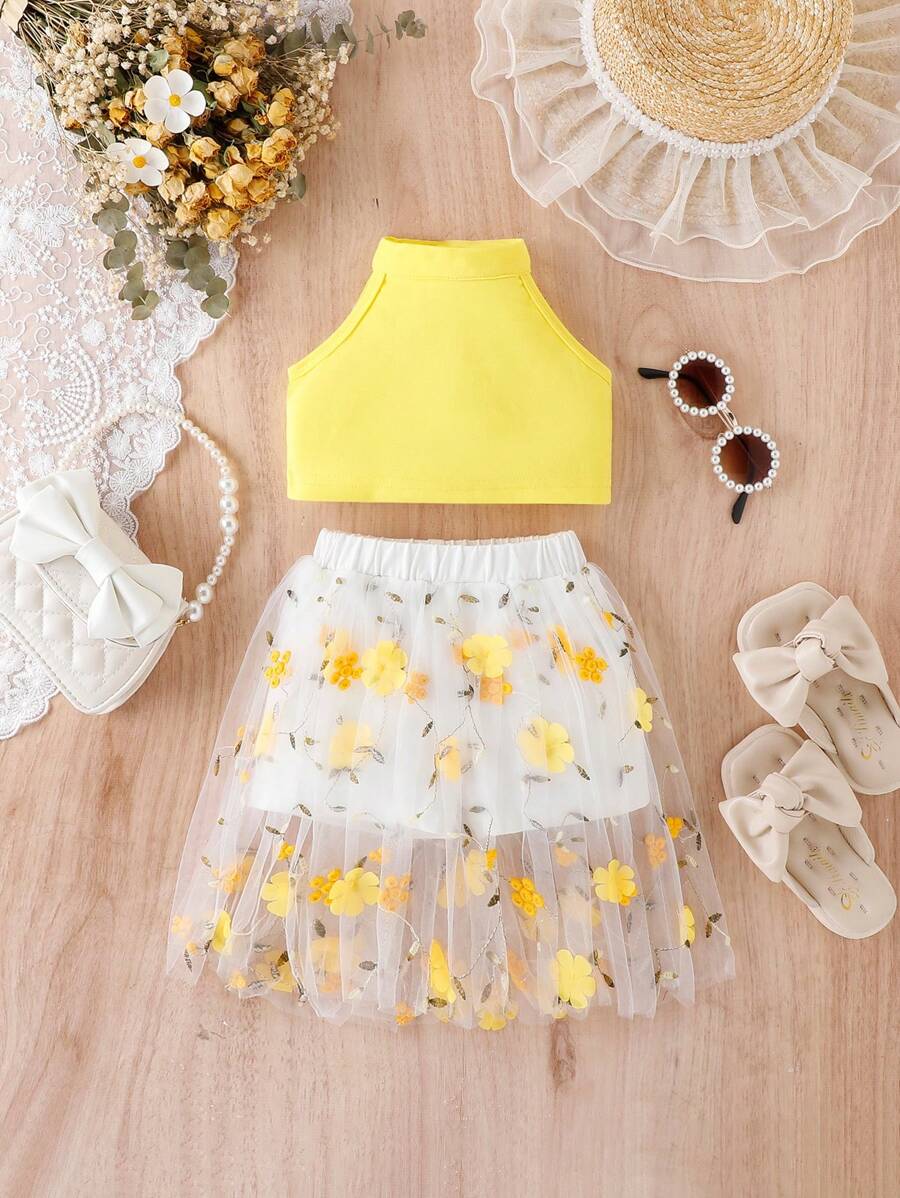 Baby Girl Halter Top & Floral Embroidery Mesh Overlay Skirt - Yellow - View 1