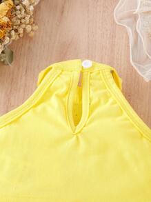 Baby Girl Halter Top & Floral Embroidery Mesh Overlay Skirt - Yellow - View 8