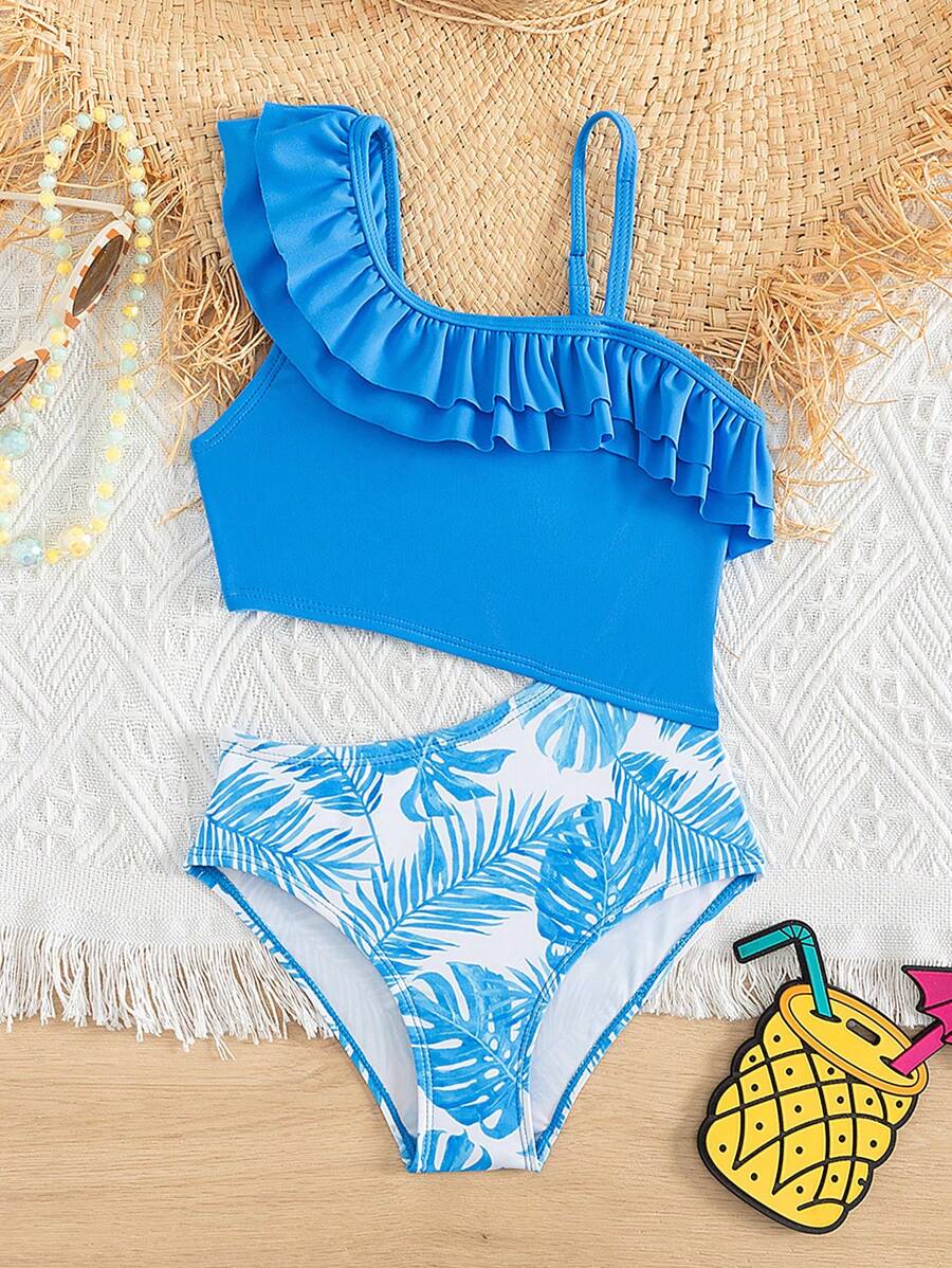 Toddler Girls Tropical Print Ruffle Trim Cut Out Asymmetrical Neck One Piece Swimsuit - Blue and White - View 1