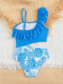 Toddler Girls Tropical Print Ruffle Trim Cut Out Asymmetrical Neck One Piece Swimsuit - Blue and White - View 2