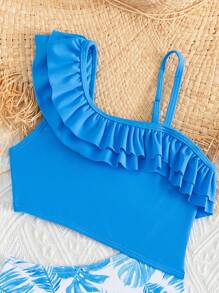 Toddler Girls Tropical Print Ruffle Trim Cut Out Asymmetrical Neck One Piece Swimsuit - Blue and White - View 3