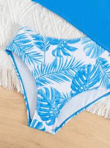 Toddler Girls Tropical Print Ruffle Trim Cut Out Asymmetrical Neck One Piece Swimsuit - Blue and White - View 4