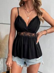 SHEIN VCAY 蕾絲拼接荷葉擺吊帶上衣 - 黑色 - 查看 1