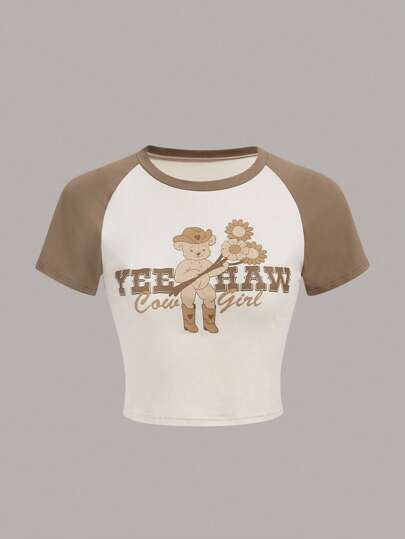 Shayna Krizan تي شيرت حرف نمط الدب اكمام راجلان