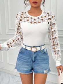 SHEIN Clasi 水溶蕾絲拼接T恤 - 白色 - 查看 4