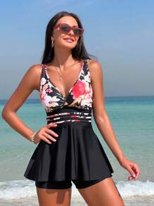 Swim Lushoire Floral Print Ruffle Hem Swim Dress Summer Beach - Black - View 2