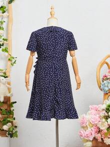 SHEIN Đầm Gái Thắt nút Xù Trọn gói Chấm bi Dễ thương - Màu xanh hải quân - Xem 2