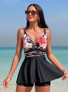 Swim Lushoire Floral Print Ruffle Hem Swim Dress Summer Beach - Black - View 1
