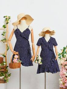 SHEIN Đầm Gái Thắt nút Xù Trọn gói Chấm bi Dễ thương - Màu xanh hải quân - Xem 3