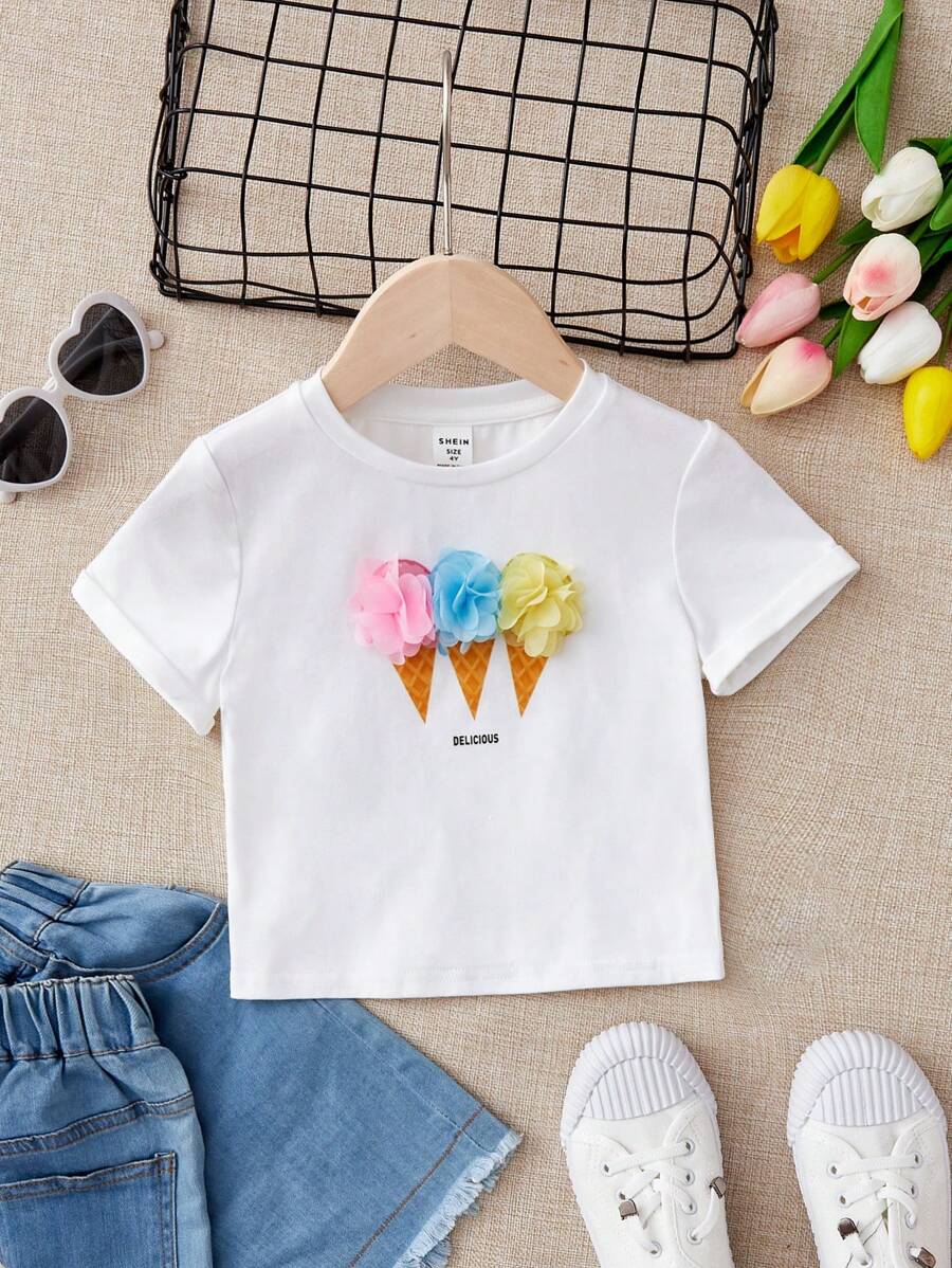 SHEIN 小女童字母圖案立體花卉T恤 - 白色 - 查看 1