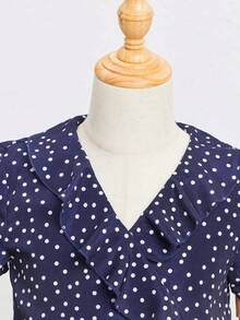 SHEIN Đầm Gái Thắt nút Xù Trọn gói Chấm bi Dễ thương - Màu xanh hải quân - Xem 4