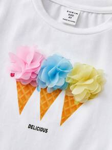 SHEIN 小女童字母圖案立體花卉T恤 - 白色 - 查看 4