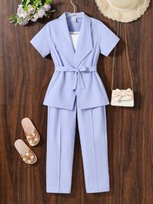 SHEIN 女孩素色吊帶上衣&青果領西裝外套和褲子 - 紫色 - 查看 1