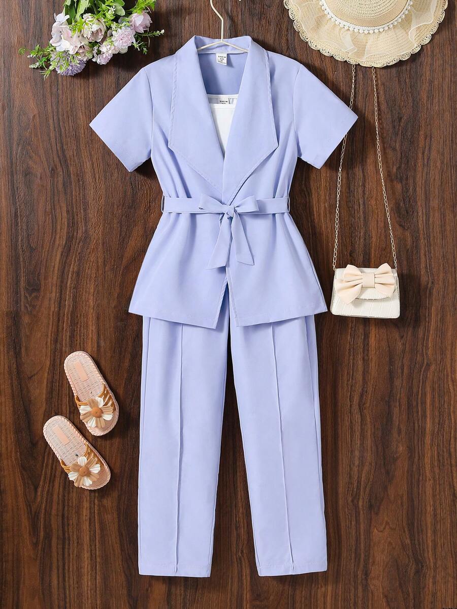 SHEIN 女孩素色吊帶上衣&青果領西裝外套和褲子 - 紫色 - 查看 1