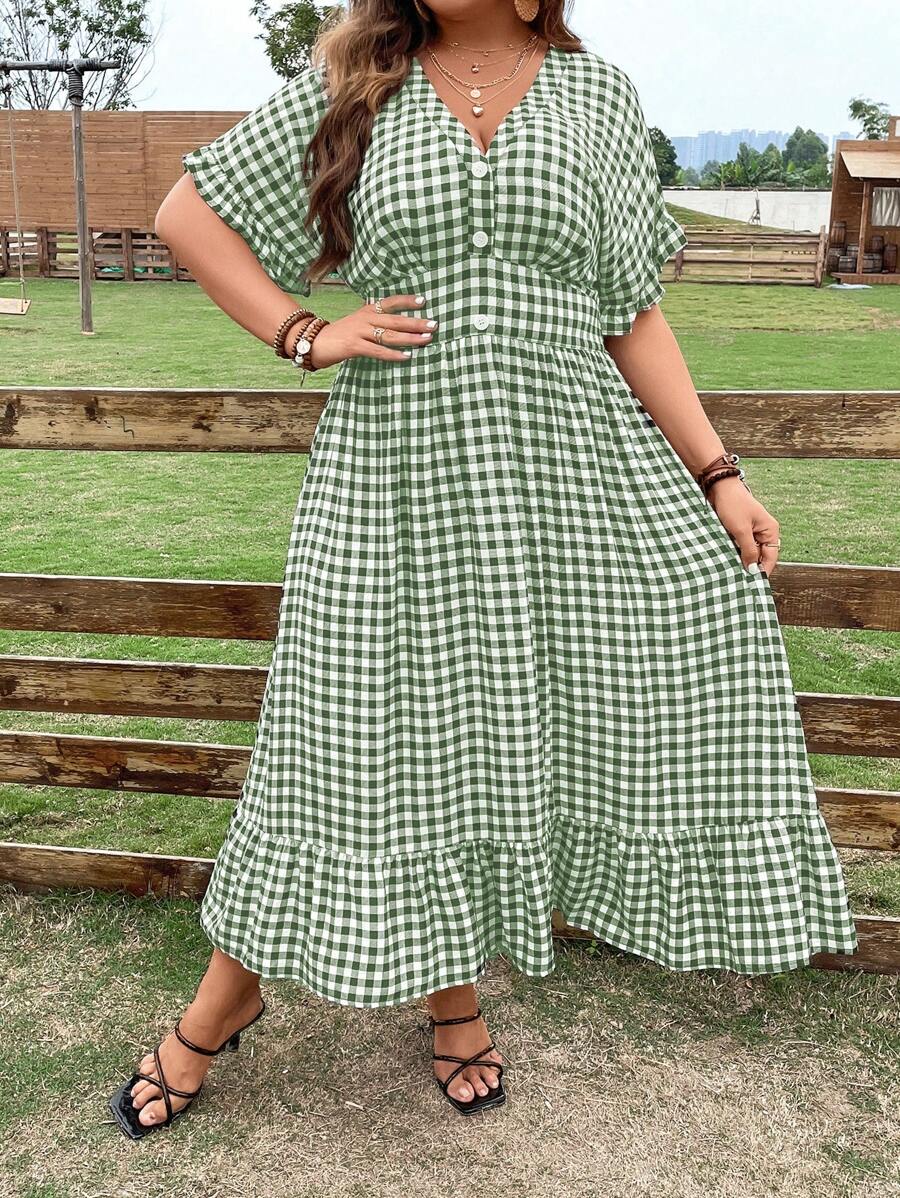 Flirla Hơn Bản in Gingham tay cánh Xù Hoa Sen Đầm - màu xanh lá - Xem 1