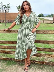 Flirla Hơn Bản in Gingham tay cánh Xù Hoa Sen Đầm - màu xanh lá - Xem 3