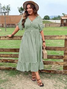 Flirla Hơn Bản in Gingham tay cánh Xù Hoa Sen Đầm - màu xanh lá - Xem 4