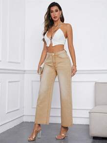 SHEIN Essnce Quần jean nữ Nút Túi Dây kéo màu trơn - Màu Khaki - Xem 2