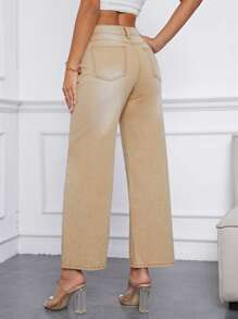 SHEIN Essnce Quần jean nữ Nút Túi Dây kéo màu trơn - Màu Khaki - Xem 3