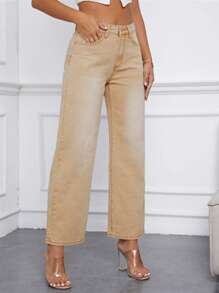 SHEIN Essnce Quần jean nữ Nút Túi Dây kéo màu trơn - Màu Khaki - Xem 4