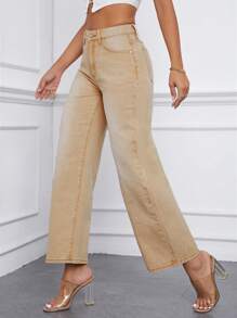 SHEIN Essnce Quần jean nữ Nút Túi Dây kéo màu trơn - Màu Khaki - Xem 1