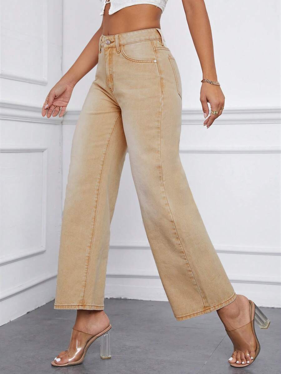 SHEIN Essnce Quần jean nữ Nút Túi Dây kéo màu trơn - Màu Khaki - Xem 1