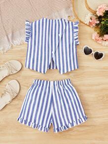 SHEIN Toddler Girls 1pc Striped Print Ruffle Trim Top & 1pc Shorts